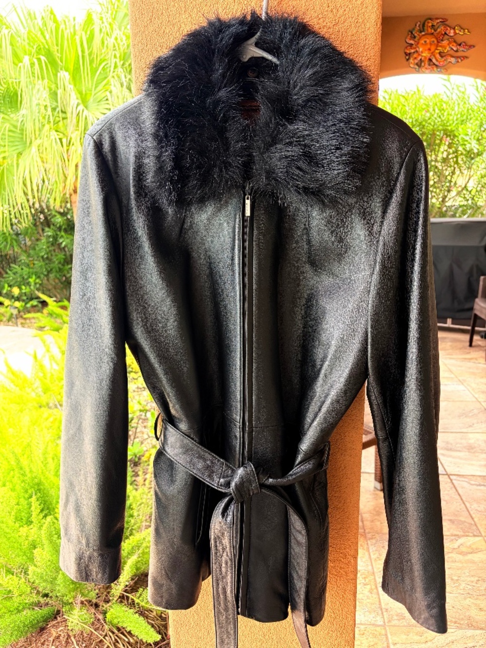 💕GoRgEOuS💕 Wilson Jet Black Leather Belted Jacket Fur Collar SZ XL EXCELLENT